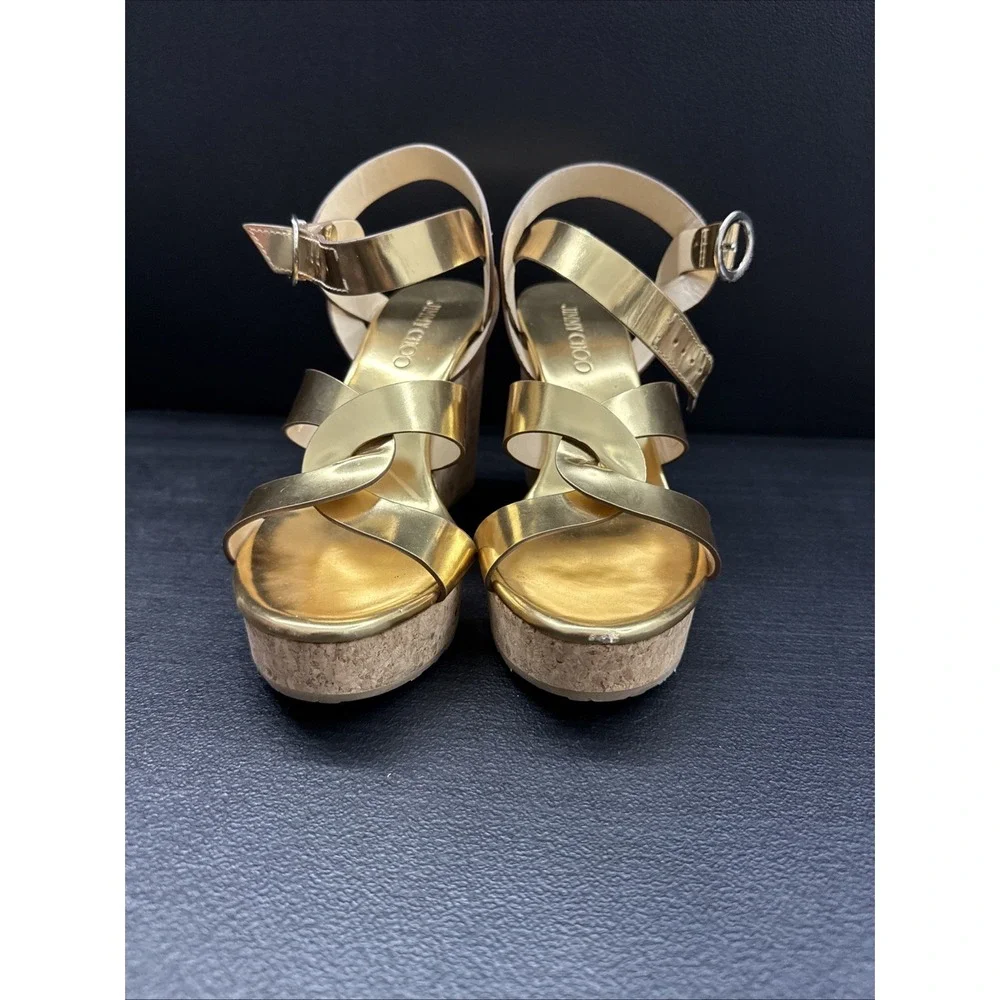 Jimmy Choo Gold Platform Heels Ankle Strap Leather Open Toe (SEE PICTURE )